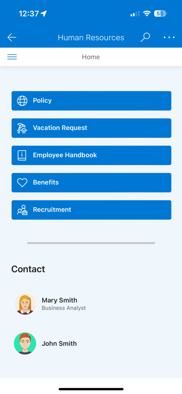 Screenshot of SharePoint Human Resources Site on a Mobile device