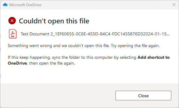 Example of the Error Message when trying to open a PDF file in the desktop app from SharePoint