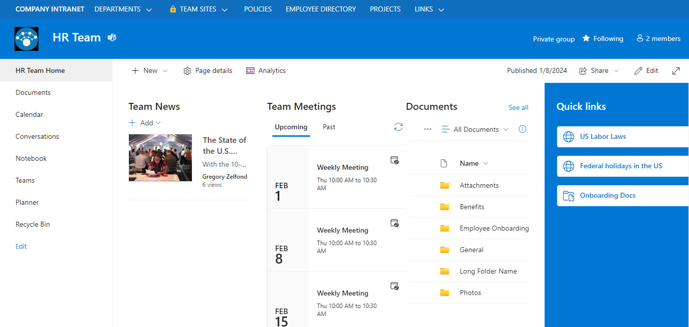 Example of a SharePoint Team Site