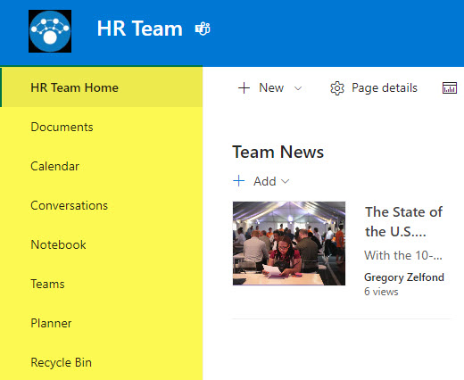 Example of Left-hand-side navigation on a Team Site