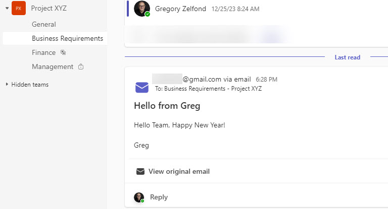 An example of the email sent from gmail address to the Teams channel