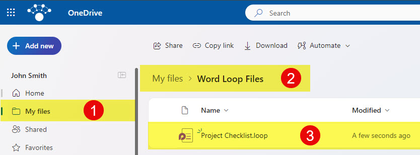 Loop Component is stored in OneDrive, inside Word Loop Files folder (automatically created for you)