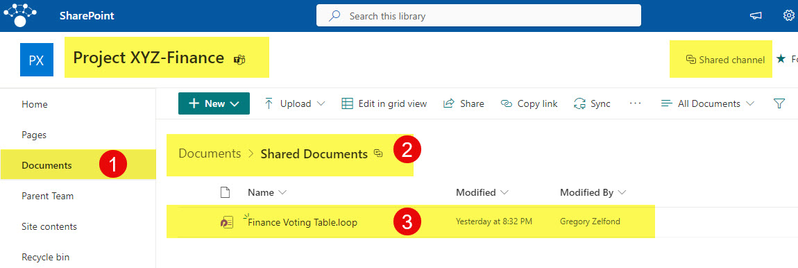 The Loop Component is stored in a  Shared Documents folder on the Shared Channel SharePoint Site