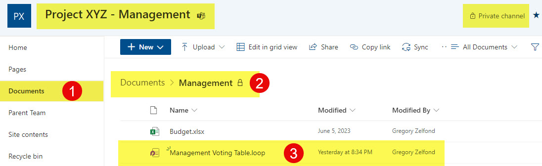 The Loop Component is stored in a document library on the Private Channel SharePoint Site