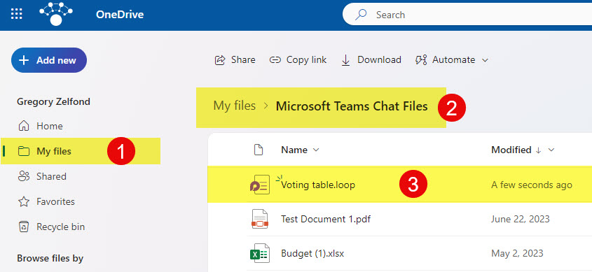 The Loop component is stored inside the Microsoft Teams Chat Files folder in User's OneDirve