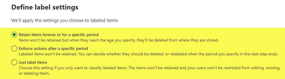 Retention label settings in Microsoft Purview