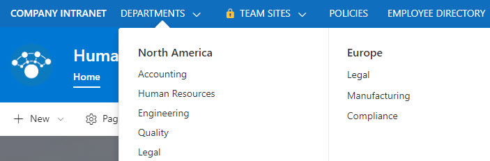 Example of the Hub Site Navigation in SharePoint