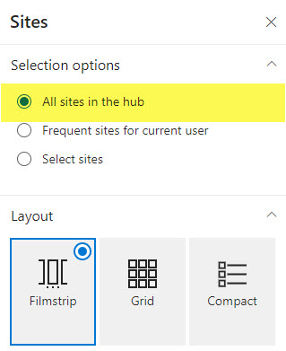 Example of an extra source (All sites in the hub) option appearing within the Sites Web Part on Hub Sites