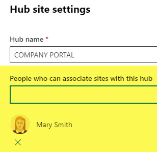 Example of Hub Approved Users who can associate sites to the Hub (set up in SharePoint Admin Center)