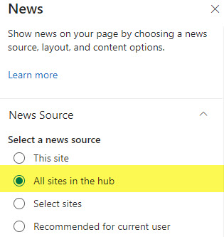 Example of an extra source (All sites in the hub) option appearing within the News Web Part on Hub Sites