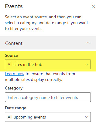 Example of an extra source (All sites in the hub) option appearing within the Events Web Part on Hub Sites