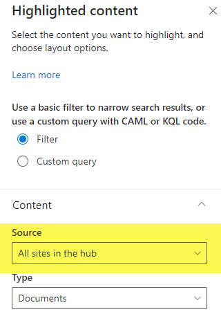 Example of an extra source (All sites in the hub) option appearing within the HCWP Web Part on Hub Sites