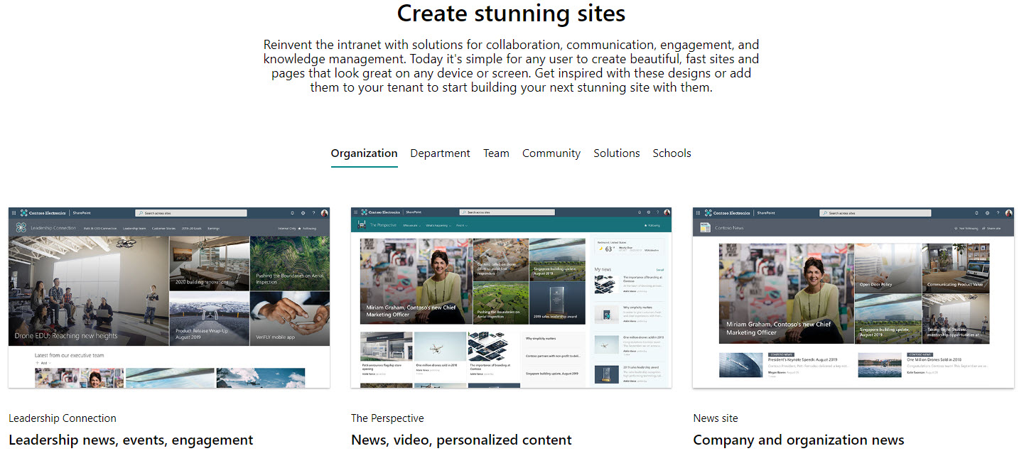 Example of available SharePoint Site Templates in SharePoint Look Book