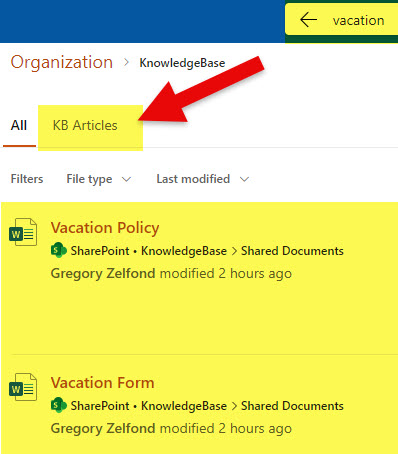 Example of the Knowledge Base Vertical in SharePoint Search Results