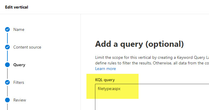 Example of the KQL Query for SharePoint Page filtering