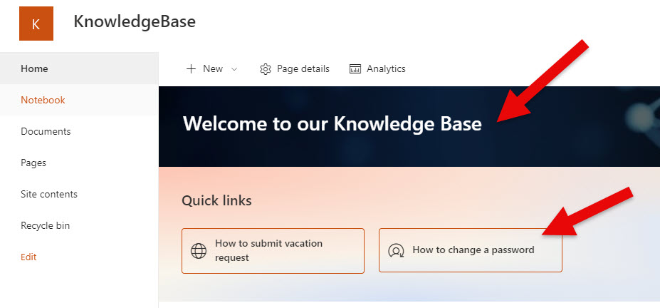 Example of a Knowledge base built in SharePoint, part of SharePoint Intranet