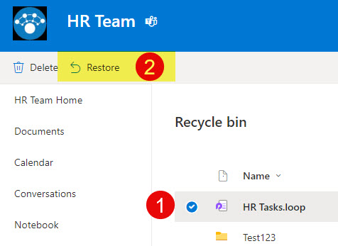 Example of SharePoint Site Recycle Bin