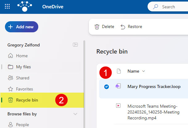 Example of OneDrive for Business Recycle Bin