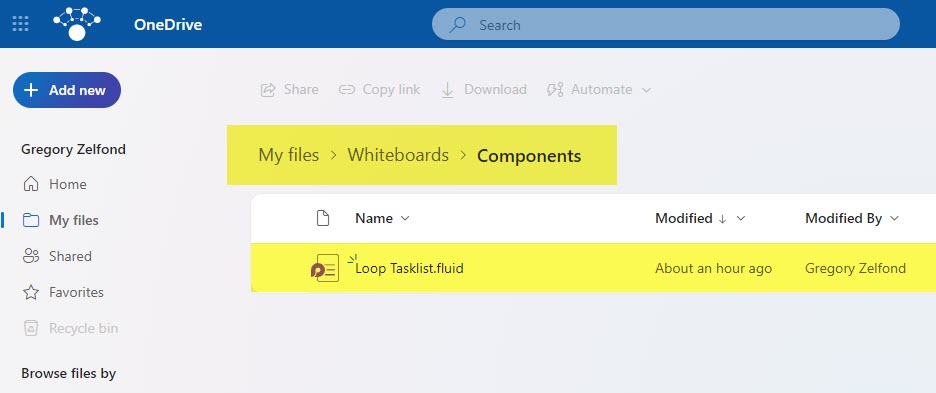 Loop Component is stored in OneDrive for Business, inside Whiteboards > Components subfolder (automatically created for you)