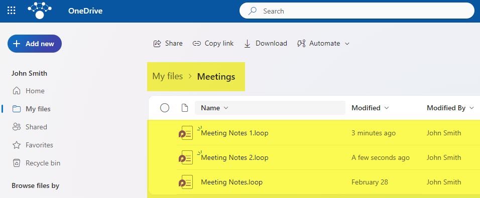Meetings folder within OneDrive for Business stores Meeting Notes Loop Components created from Teams Meeting Invites.