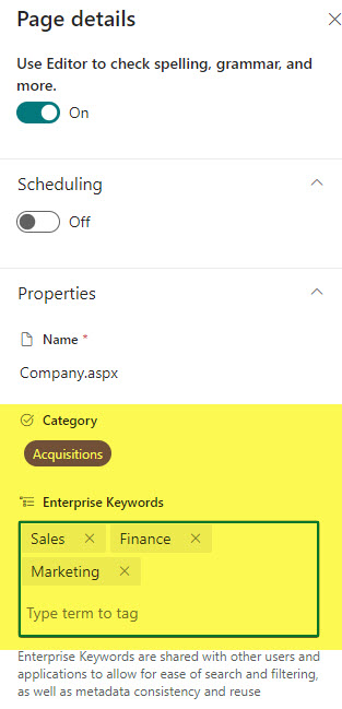 Page Details Pane where you can add Metadata and schedule a post if necessary