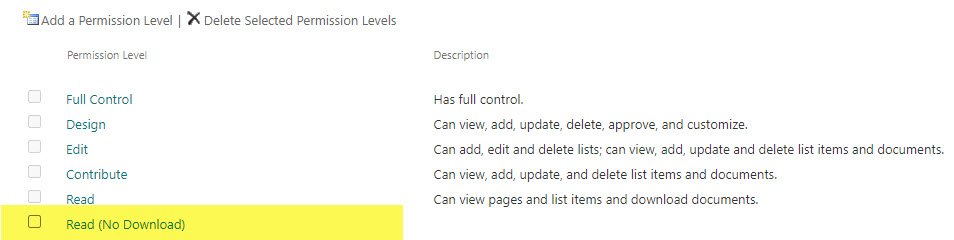 prevent file download in SharePoint by creating a Custom Permission Level