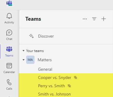 An example of a single Team in Microsoft Teams and a Channel for each Case/Matter
