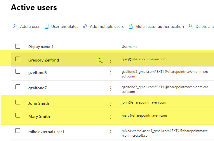 All the users provisioned with the Tenant account are part of the Everyone except external users group