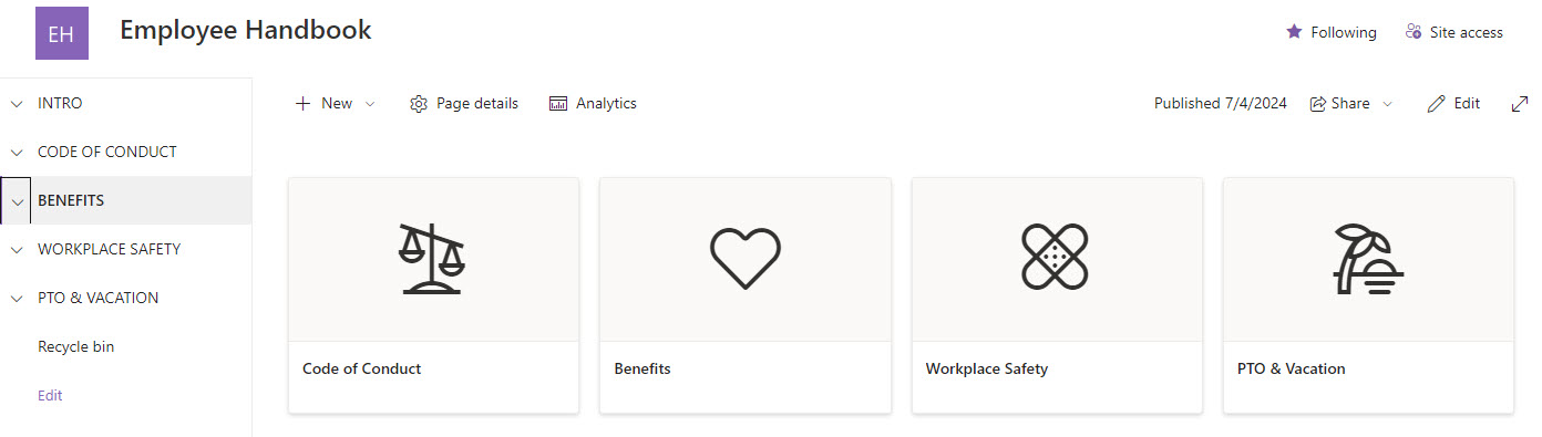 Employee Handbook SharePoint Main Page with left-hand-side chapters/section drop-down menu