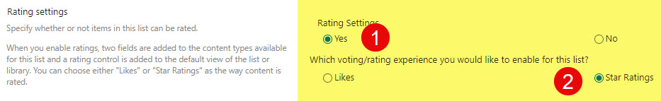 Example of Rating Column back-end settings in Classic SharePoint