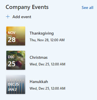 Example of Events Web Part embedded on a SharePoint page