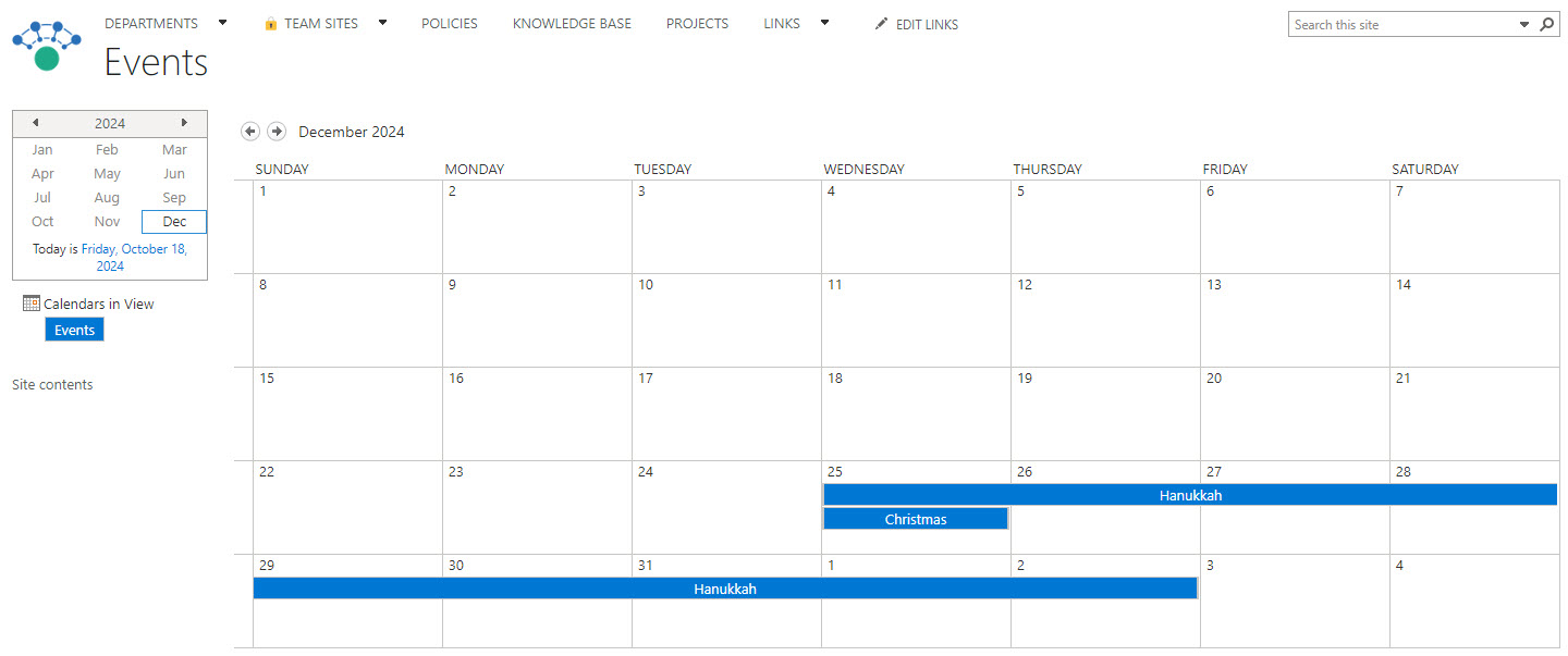 The same "Events Web Part" Calendar in the monthly view