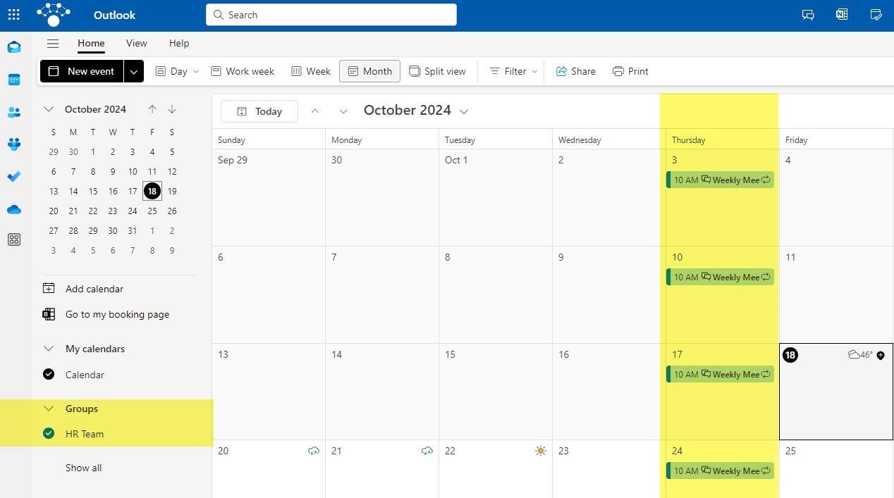 Example of a Group Outlook Calendar created for a given Microsoft 365 Group