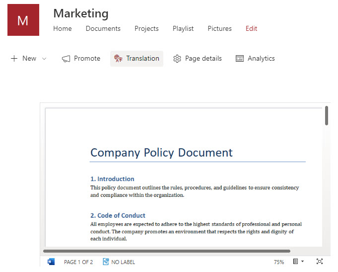 Example of a Word Document embedded on a SharePoint page