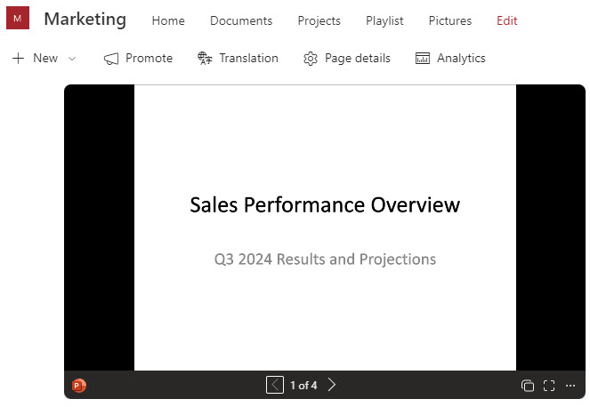 Example of a PowerPoint presentation embedded on a SharePoint page
