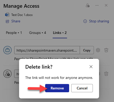 Ability to delete a shared link via the Manage Access feature