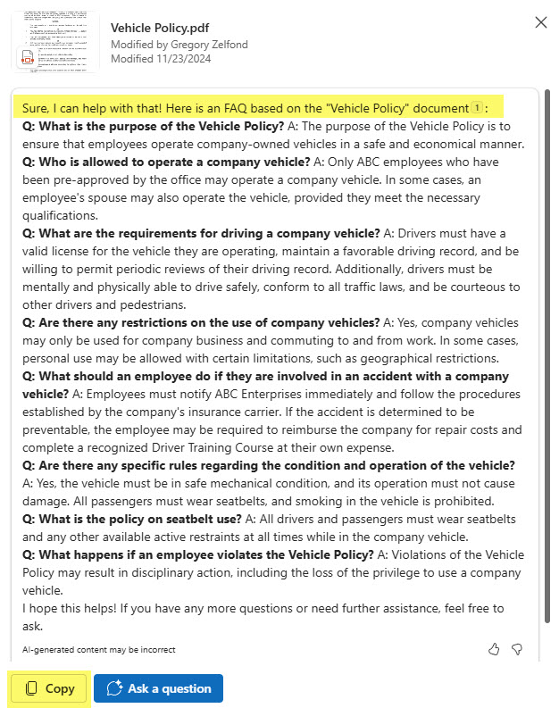 FAQ from a file using Copilot