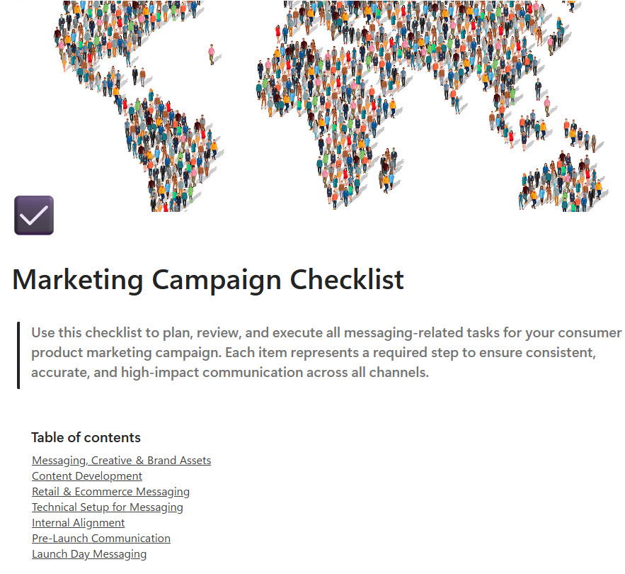 Marketing Campaign Checklist Table Of Contents SharePoint Maven
