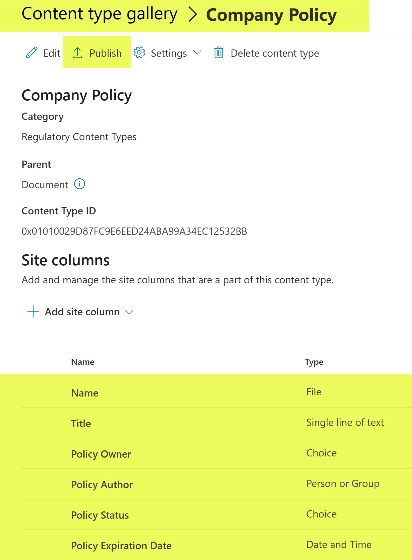 Content Type Definition within the Global Content Type Gallery