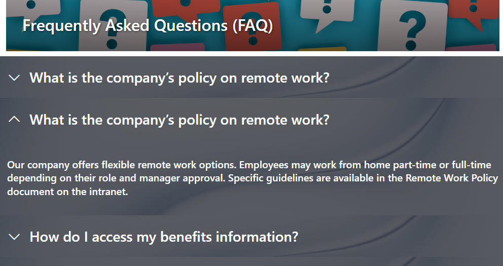Example of FAQ built using Collapsible Sections in SharePoint