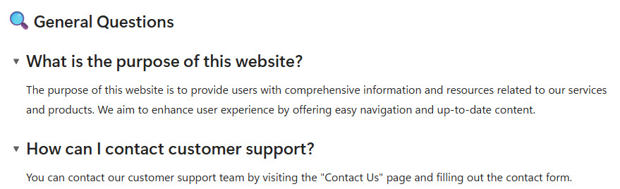 Example of an FAQ built using the Collapsible Headings in Loop