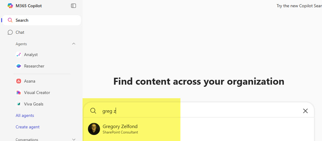 Example of Employee Search from the Microsoft 365 Copilot page