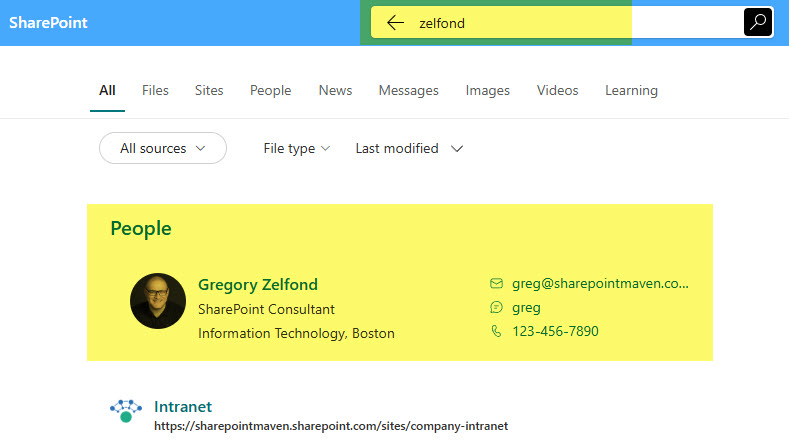 Example of Employee Search from the SharePoint Start page