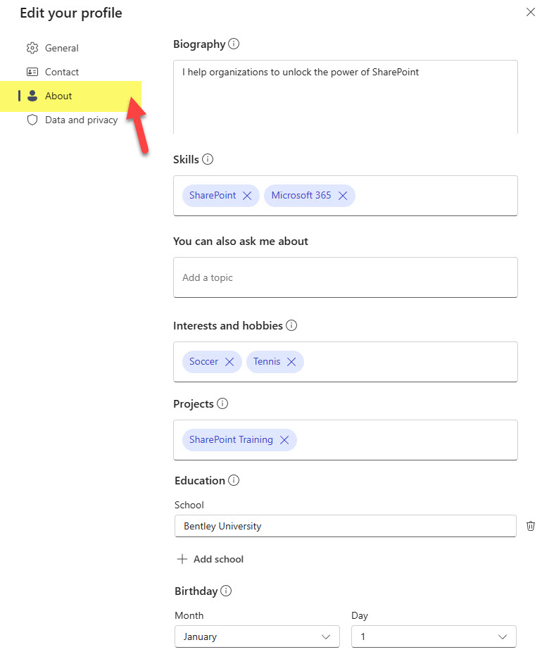 update your User Profile in Microsoft 365