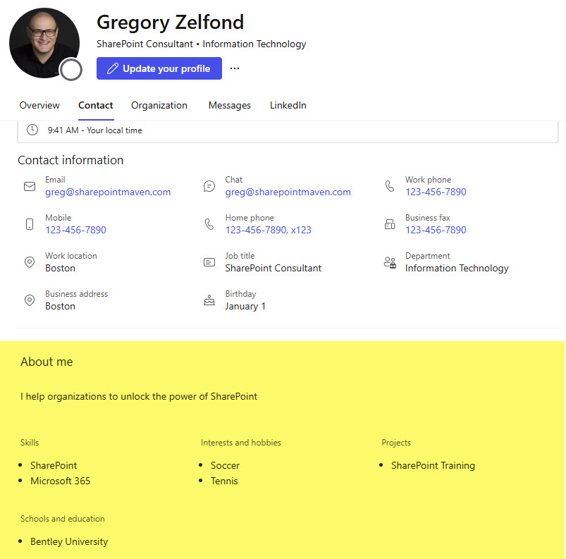 update your User Profile in Microsoft 365