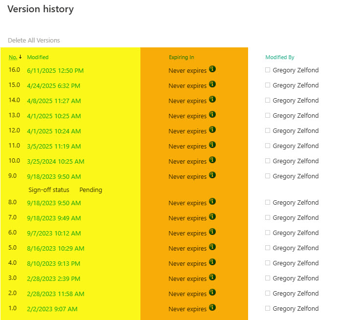 Example of a Version History on a document in SharePoint