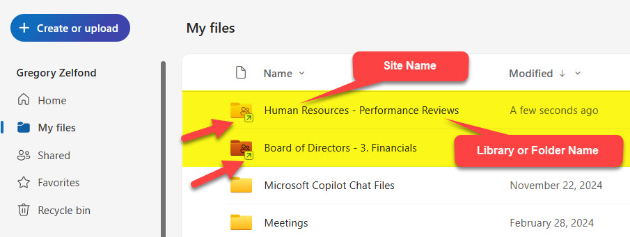 OneDrive for Business (Web version) showing libraries and folders added as a Shortcut in OneDrive for Business