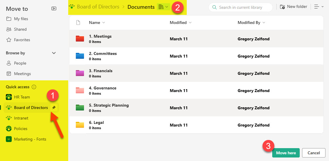 Quick access panel with bookmarked document libraries within the Move or Copy dialog box