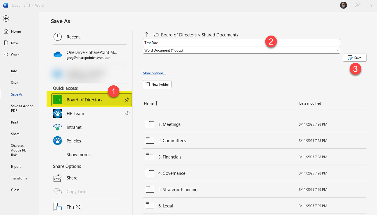 Save As within Office Apps displays Quick access panel with bookmarked document libraries