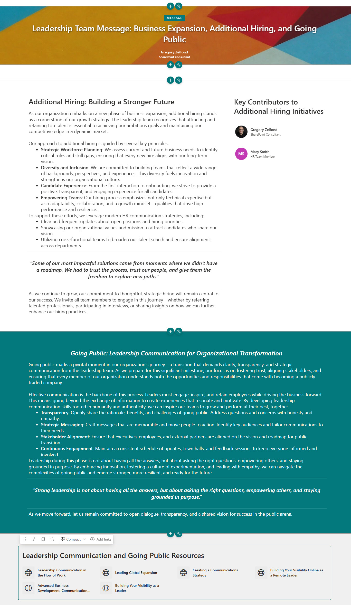 Generated leadership team news post about business expansion, hiring and going public